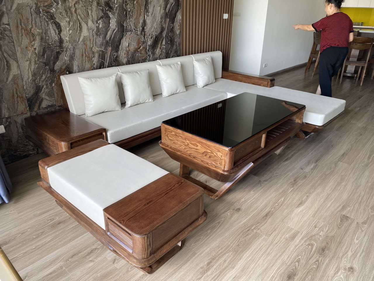 Sofa gỗ phòng khách góc thuyền 3m×2m