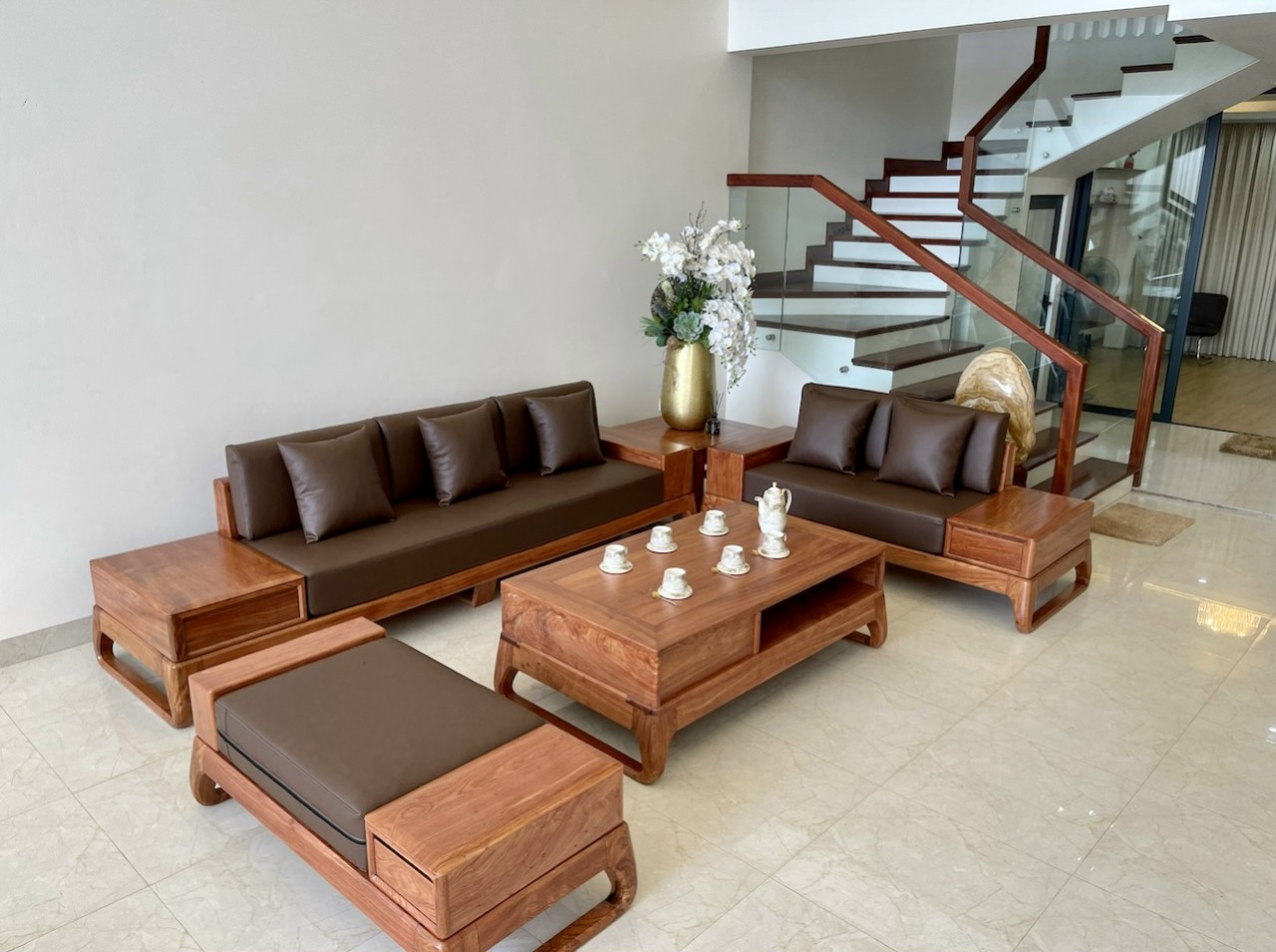 Bộ bàn ghế gỗ phòng khách sofa 2 văng hương đá